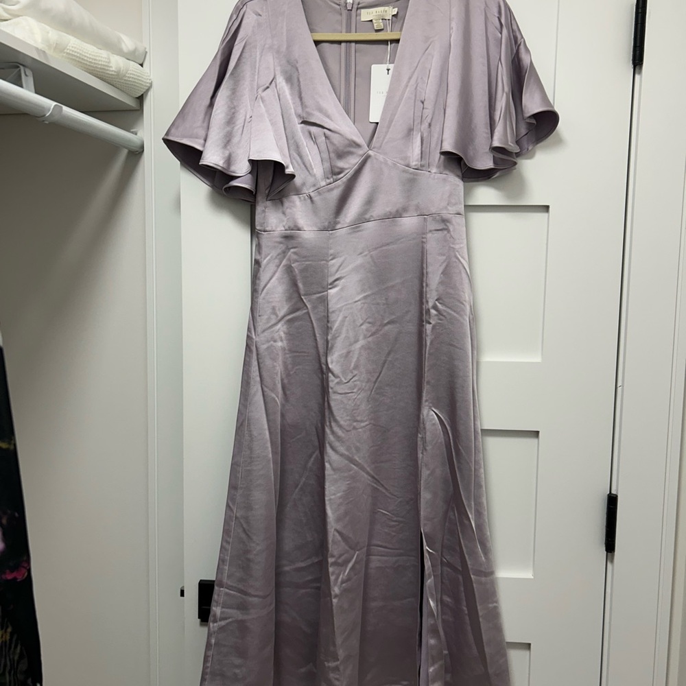 Ted Baker London Purple Asymmetrical Midi Dress with Flutter Sleeves - Picture 3 of 5